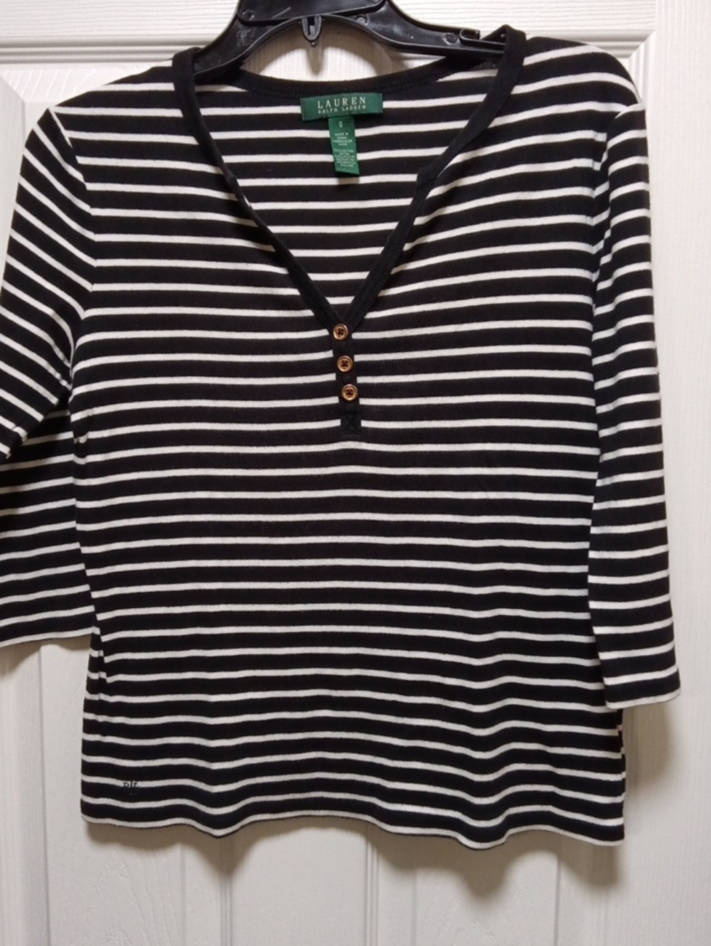 Lauren Ralph Lauren Black and White Striped Henley Tee